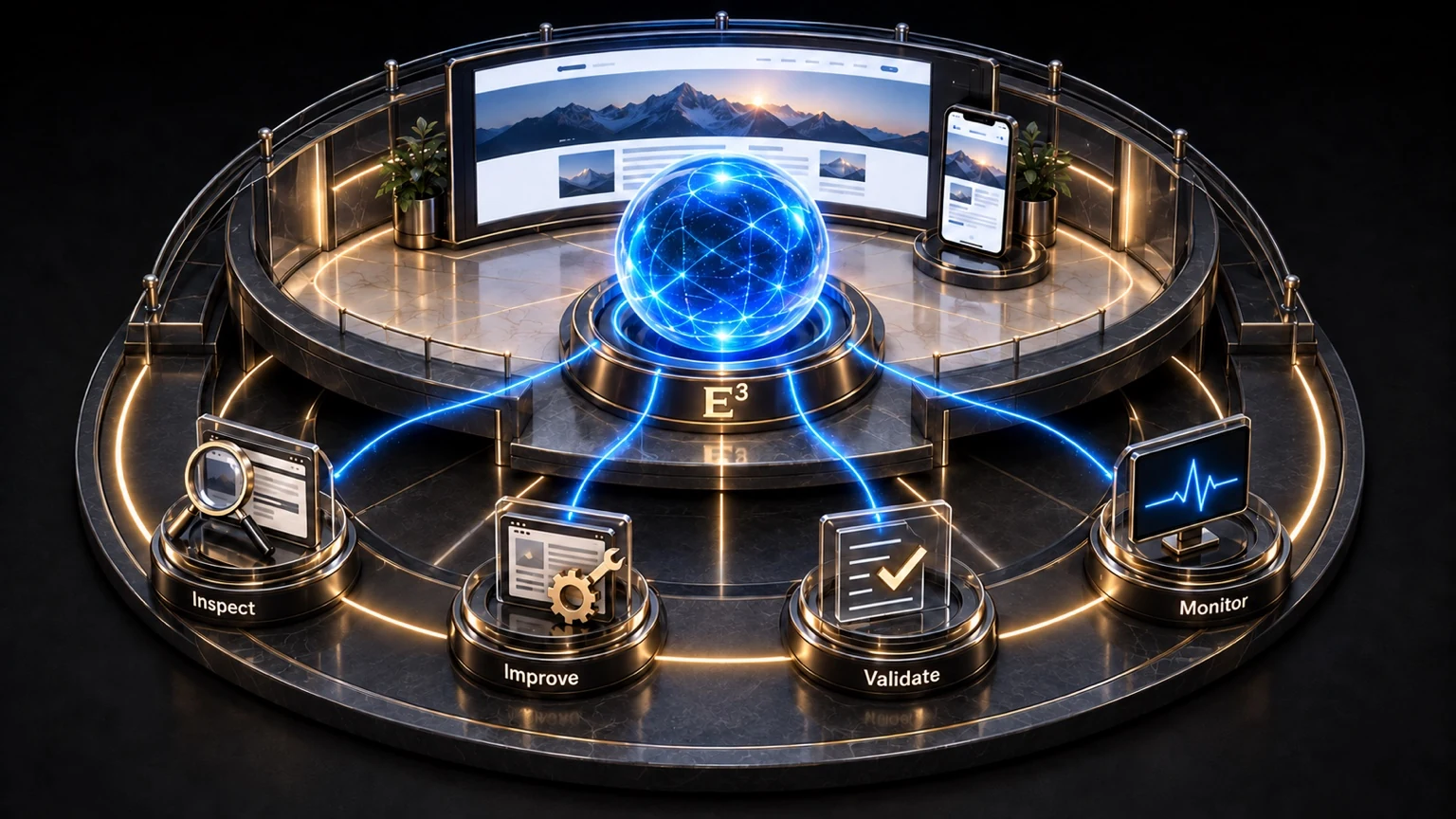 An E³ care platform connects four activities: inspect, improve, validate, and monitor.