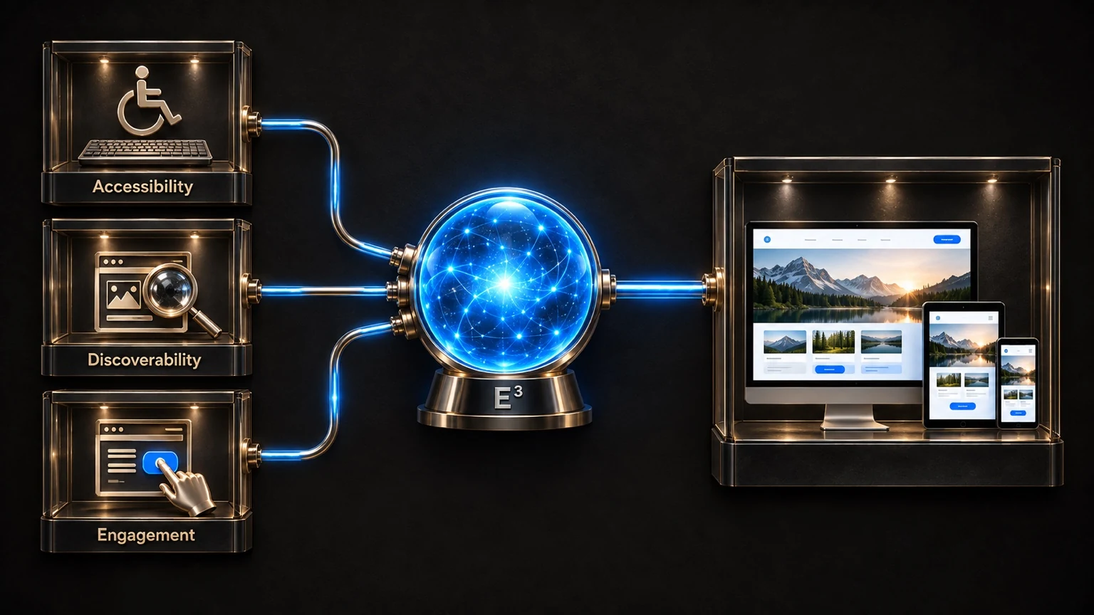 Accessibility, discoverability, and engagement connect through E³ into a coordinated website experience.