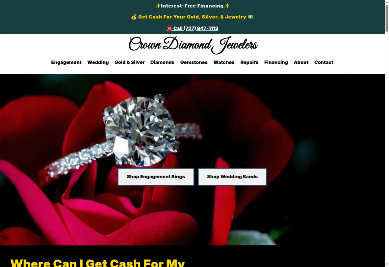 Desktop homepage of Crown Diamond Jewelers, showing the actual website design.