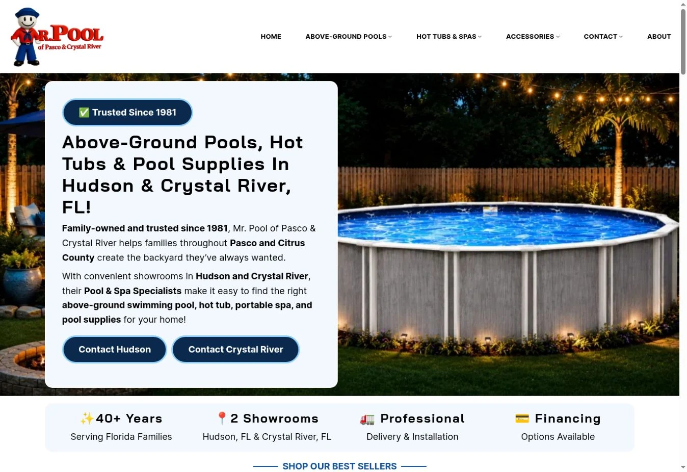 Desktop homepage of Mr. Pool of Pasco & Crystal River, showing the actual website design.